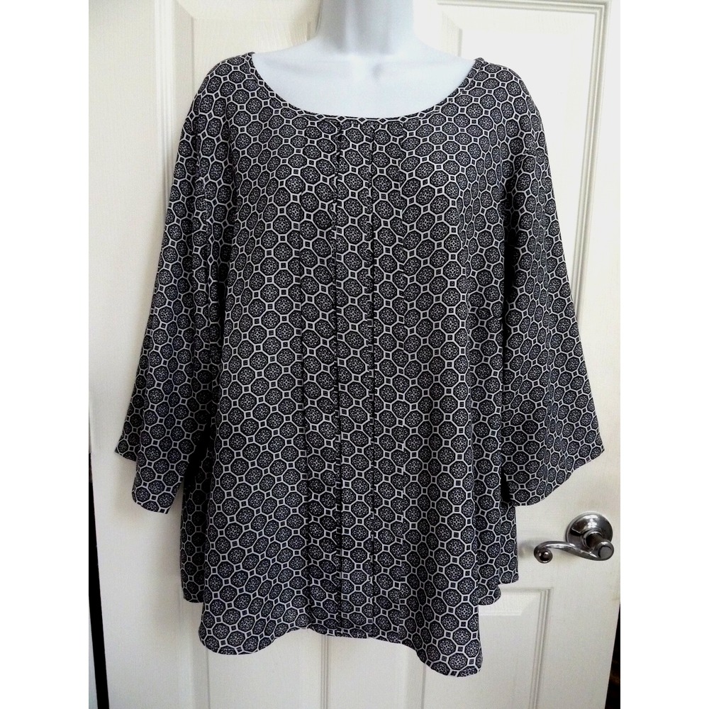 Preswick & Moore Plus Sz 2X Career Blouse Pleated Front Geometric Black White